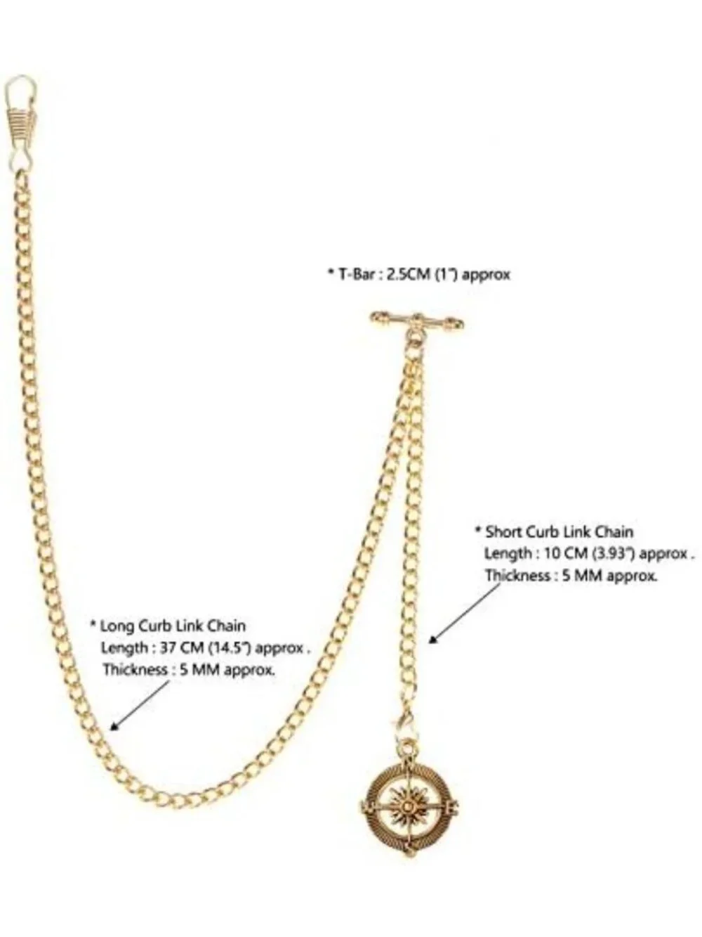Vintage-Inspired Men's Pocket Watch Chain with Antique Compass Pendant & Hooks